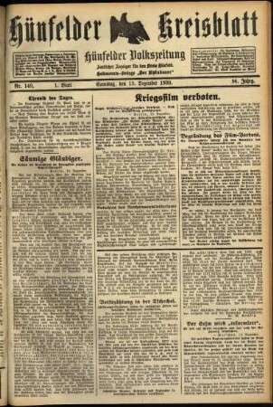 Erste Ausgabe vom Samstag, den 13. Dezember 1930.