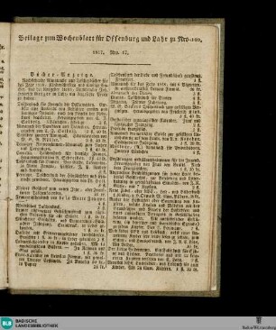 Wochenblatt für Offenburg und Lahr, Beilage zum Wochenblatt für Offenburg und Lahr