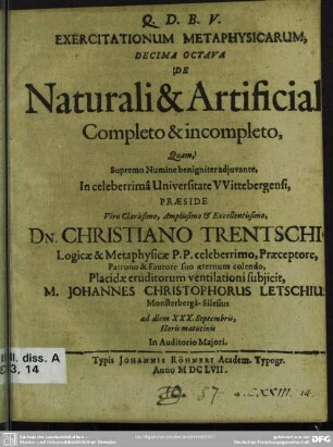 Exercitationum metaphysicarum decima octava De naturali et artificiali completo et incompleto