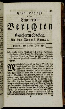 Erste Beylage. Rostock, den 31sten Jan. 1766