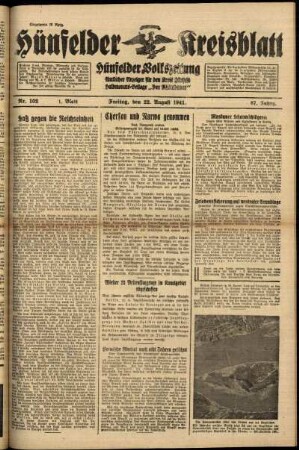 Erste Ausgabe vom Freitag, den 22. August 1941.