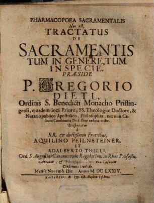 Pharmacopoea Sacramentalis Hoc est, Tractatus De Sacramentis Tum In Genere, Tum In Specie
