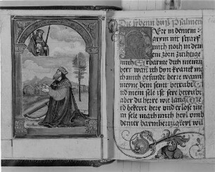 König David erscheint Gott am Himmel, Schwert und Totenkopf haltend, Seite 1(v) und Textseite mit Initiale, Seite 1(a, v) : König David erscheint Gott am Himmel, Schwert und Totenkopf haltend, Seite 1(v) und Textseite mit Initiale, Seite 1(a, v). Deckfarben, Pergament; 10 x 7,8 cm (Blattgröße). Aus: Aurelius Augustinus: Dy sybenn buß Psalmen, die leteney, andere Gebete. [Geschriben vnnd geendet...Nuremberg...Bernhardum Gruber]