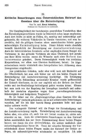 620-633, Kritische Bemerkungen zum Österreichischen Entwurf des Gesetzes über die Entmündigung