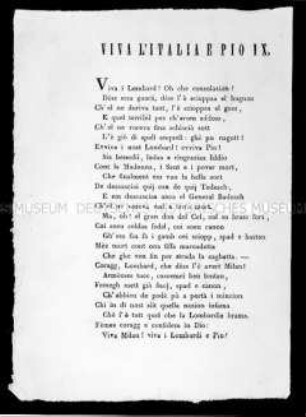 Anonymes Flugblatt: Viva l'Italia e Pio IX (Hoch lebe Italien, hoch lebe Pius der IX.); undatiert