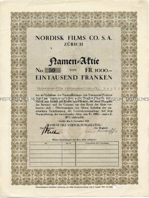 Namensaktie der Nordisk Films Co. S.A. in Zürich über 1000 Schweizer Franken