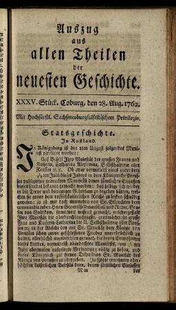 XXXV. Stück. Coburg, den 28. Aug. 1762.