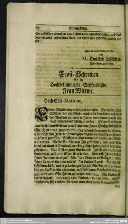 Trost-Schreiben An die Hochbekümmerte Seyfriedische Frau Wittwe