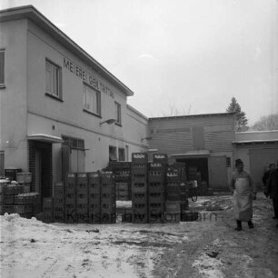 Meierei-Genossenschaft Trittau eGmbH Zweigwerk: Manhagener Allee: Hofansicht mit rückwärtigem Gebäude: an Fassade Firmenname: im Winter: gestapelte Kästen mit Milchflaschen: Arbeiter mit Schürze