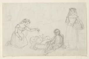 Frau mit Wiegenkind, Sitzfigur und stehende Frau mit Korb