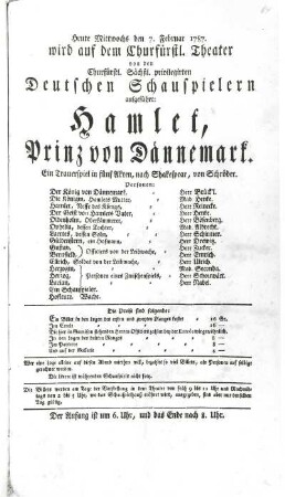 Theaterzettel zu "Hamlet" : Theaterzettel zu "Hamlet" von William Shakespeare. Kurfürstliches Theater Dresden, 07.02.1787. Druck. Dresden SLUB Dramat.5
