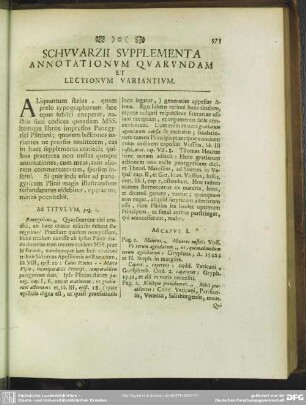 Schwarzii Supplementa Annotationum Quarundam Et Lectionum Variantium
