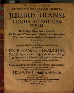 Disputatio Inauguralis Iuridica De Iuribus Transitoriis Ad Successorem