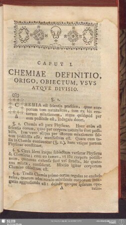 Caput I. Chemiae Definitio, Origo, Obiectum, Usus Atque Divisio