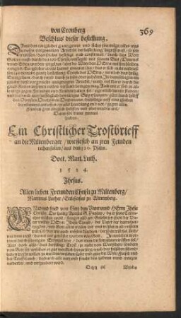 Ein Christlicher Trostbrieff an die Miltenberger ...