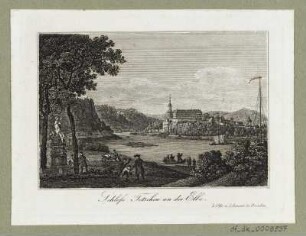 Ansicht von Schloss Tetschen , Radierung, 1840 : Schloss Tetschen an der Elbe. - Dresden : Otto u. Lehmann, [ca. 1840]. - 1 Kunstblatt : Radierung ; 10,6 x 7,3 cm