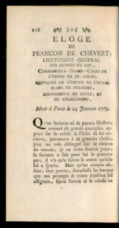 Eloge De Francois De Chevert, Lieutenant-General Des Armees Du Roi, Commandeur-Grand-Croix De L'Ordre De St. Louis; ...