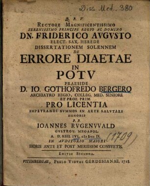 Dissertationem Solennem De Errore Diaetae In Potv