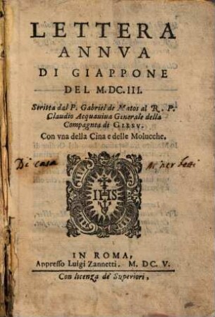 Lettera Annva Di Giappone Del M.DC.III.