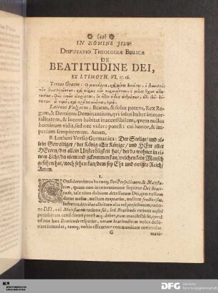 Disputatio Theologiae Biblicae. De Beatitudine Dei.