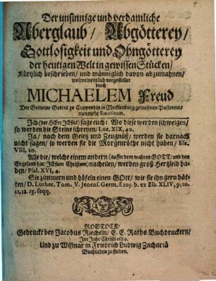 Der unsinnige und verdamliche Aberglaub ... der heutigen Welt ...