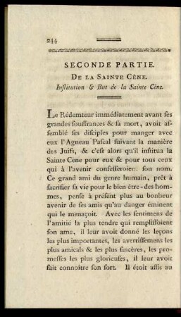 Seconde Partie. De La Sainte Cène. Institution et But de la Sainte Cène.