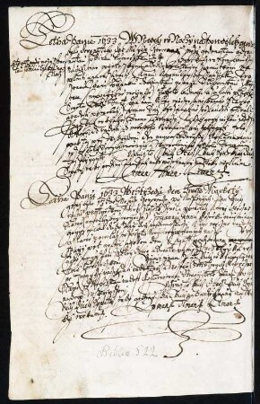 Biblia.522, Rückseite mit Autograph : Biblia. Eingeklebtes Schriftstück zwischen letzter Druckseite und Hinterdeckel. Rückseite mit Autograph von 1632. Blattgröße 29,3 x ca. 18,2 cm. Dresden: SLUB Biblia.522