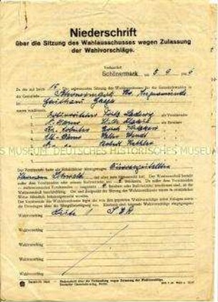 Protokoll über eine Sitzung des Wahlausschusses in der Gemeinde Schönermark, beiliegend Kandidatenliste der SED - Sachkonvolut