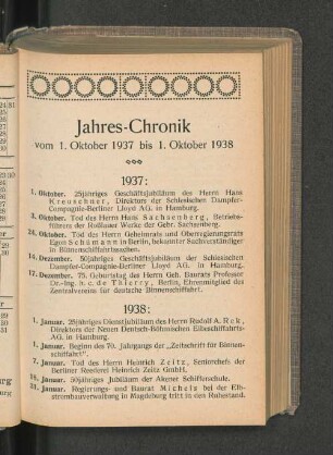 Jahres-Chronik vom 1. Oktober 1937 bis 1. Oktober 1938