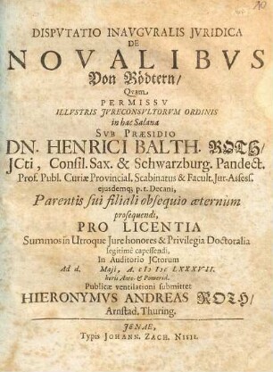 Disputatio Inauguralis Iuridica De Novalibus : = Von Rödtern