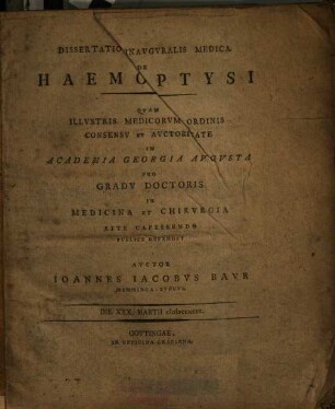 Dissertatio inavgvralis medica De haemoptysi