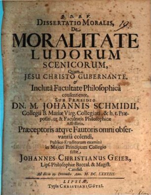 Diss. mor. de moralitate ludorum scenicorum