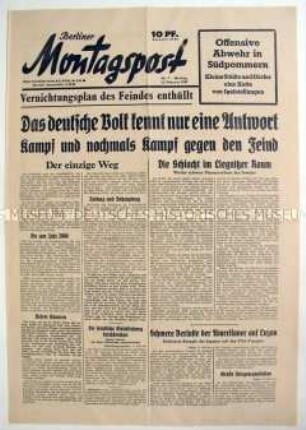 Wochenzeitung "Berliner Montagspost" mit Durchhaltepropaganda