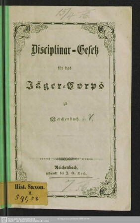 Disciplinar-Gesetz für das Jäger-Corps zu Reichenbach
