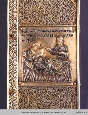 Mandylion : Äußerer Paläologischer Rahmen mit Szenen der Mandylion-Legende : Abgar empfängt seinen Boten und genest sofort nach Erhalt des Mandylions