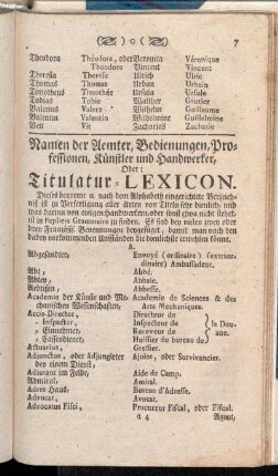 Namen der Aemter, Bedienungen, Professionen, Künstler und Handwerker, Oder: Titulatur-Lexicon.