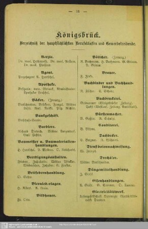 Berufsklassen und Gewerbebetriebe : Königsbrück. Verzeichnis der hauptsächlichen Berufsklassen und Gewerbetreibende