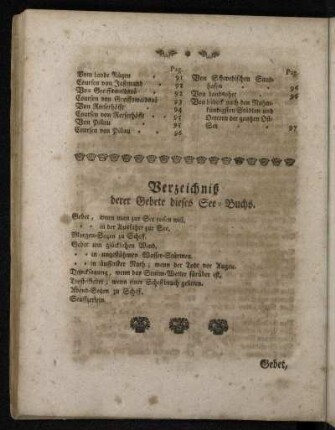 Verzeichniß derer Gebete dieses See-Buchs.