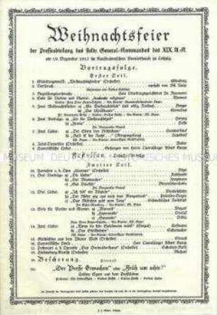 Programm der Weihnachtsfeier der Presseabteilung des stellv. Generalkommandos des XIX. Armeekorps