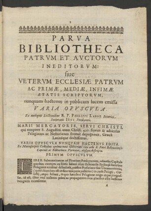 Ankündigung einer 'Parva bibiotheca patrum et auctorum ineditorum'