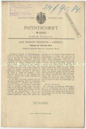 Patentschrift einer Feuerung mit rotierendem Rost, Patent-Nr. 40253