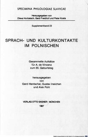 Sprach- und Kulturkontakte im Polnischen : gesammelte Aufsätze für A. de Vincenz zum 65. Geburtstag