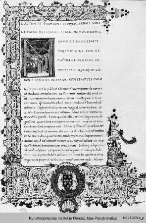Lactanz: Istitutiones divinae : De falsa religione: Buchseite mit Randbordüre, eingeschlossenem Mediciwappen, Text, historisierter Initiale M mit der Darstellung des Lactanz