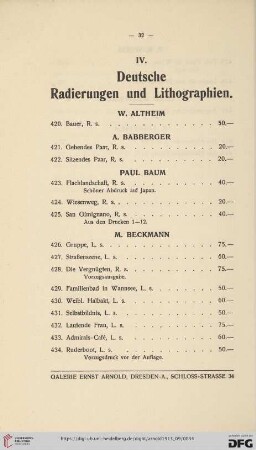 IV. Deutsche Radierungen und Lithographien (Nr. 420-707)