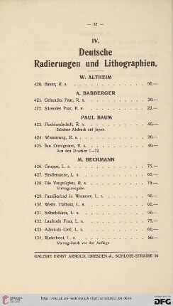 IV. Deutsche Radierungen und Lithographien (Nr. 420-707)