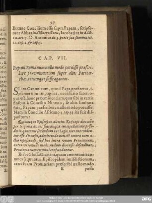 Cap. VII. Papam Romanum nullo modo potuisse praescribere praeeminentiam super alios Patriarchas, eorumque suffraganeos.