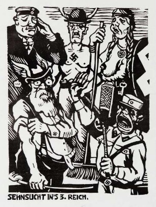 Sehnsucht in's 3. Reich Bl. [6] r von Heft Februar 1932 aus: stoß von links. Organ der Assoziation Revolutionärer Bildender Künstler Dresdens. Nr. 1 (Februar 1931) - Nr. 9 (Nov./Dezember 1932) Mit einem ... Kommentar von Hannelore Gärtner. Leipzig. 1982. Dresden: SLUB 56.4.1445.a