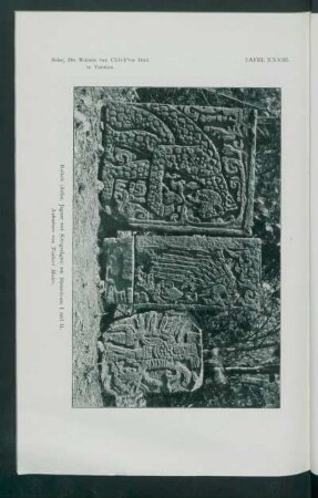 Tafel XXVIII.: Reliefe (Adler, Jagunar und Kriegerfigur) am Mausoleum I und II. : Aufnahme von Teobert Maler.