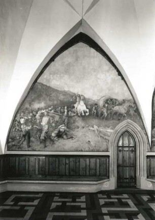 Überfall bei Neuß : Meißen. Albrechtsburg. Erstes Kurfürstenzimmer. Südliches Wandjoch mit Wandgemälde "Überfall bei Neuß" (um 1880; J. Scholtz)
