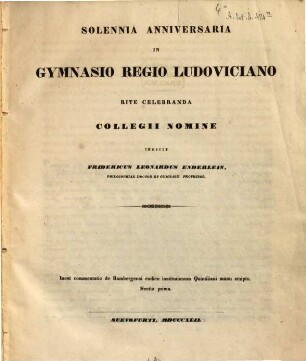Solennia anniversaria in Gymnasio Regio Ludoviciano rite celebranda indicit, 1842